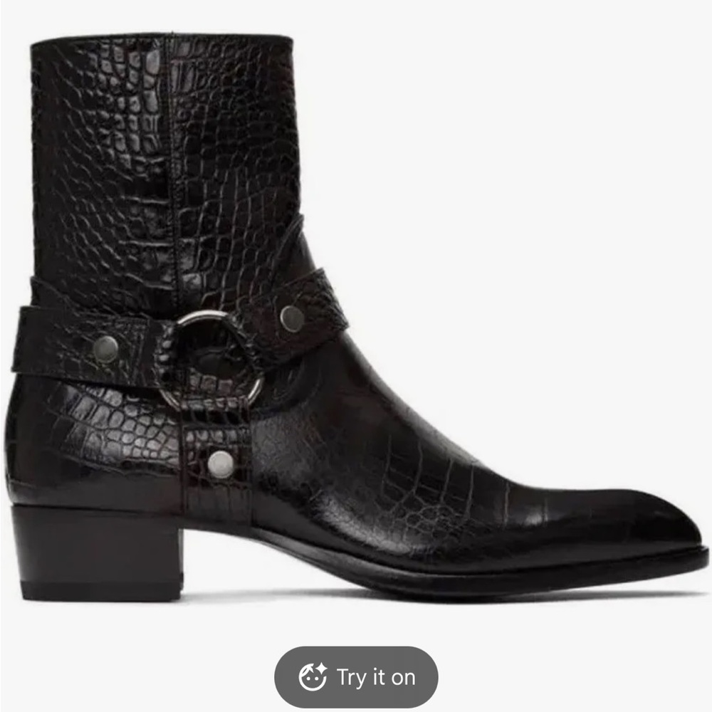 Saint Laurent Black Croc-Embossed Leather Boots